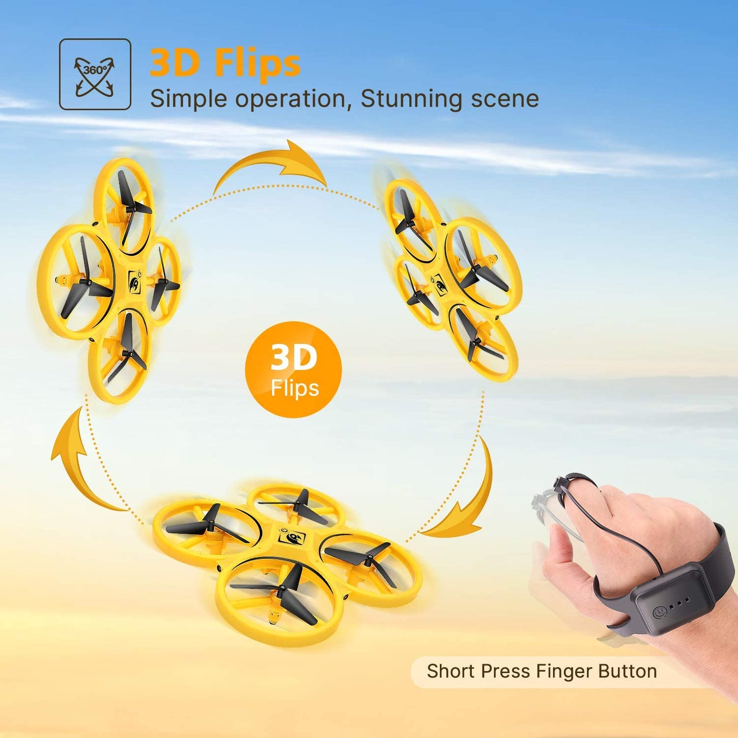 Compact Yellow Quadcopter Drone with Gesture Controller