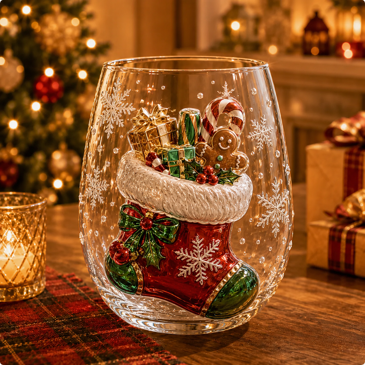 Christmas Glass Cup Stemless 4.7 inch Set of 3