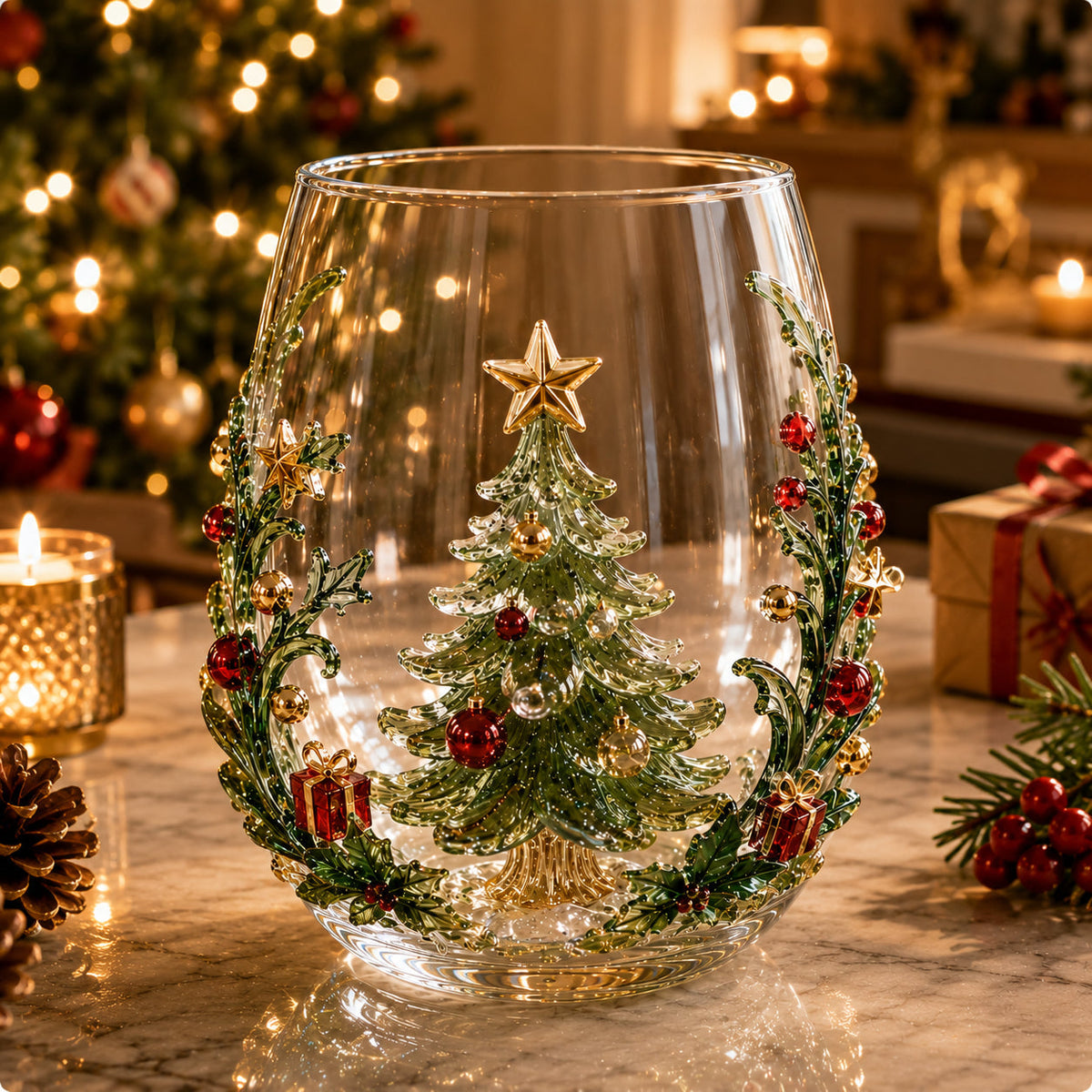 Christmas Glass Cup Stemless 4.7 inch Set of 3