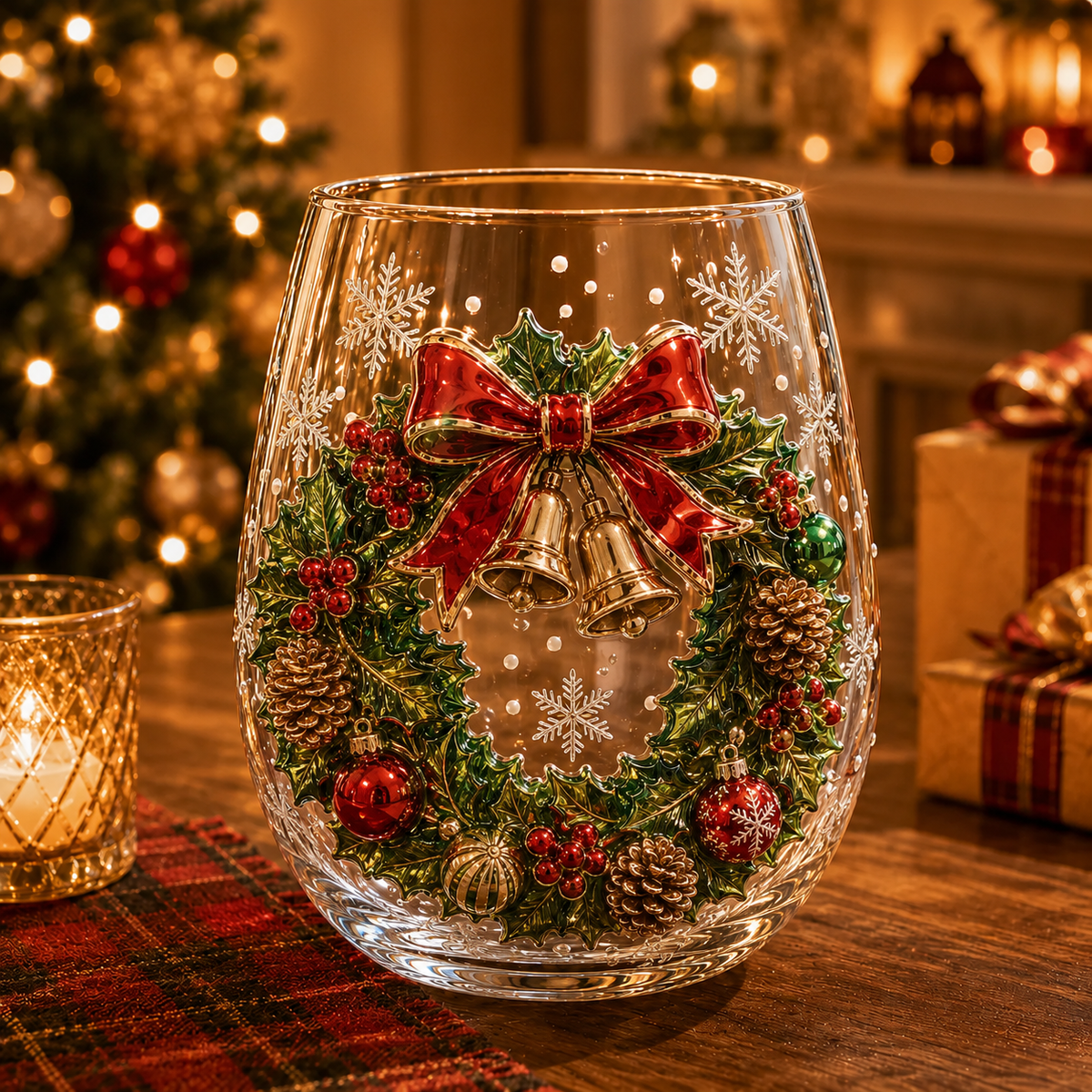 Christmas Glass Cup Stemless 4.7 inch Set of 3