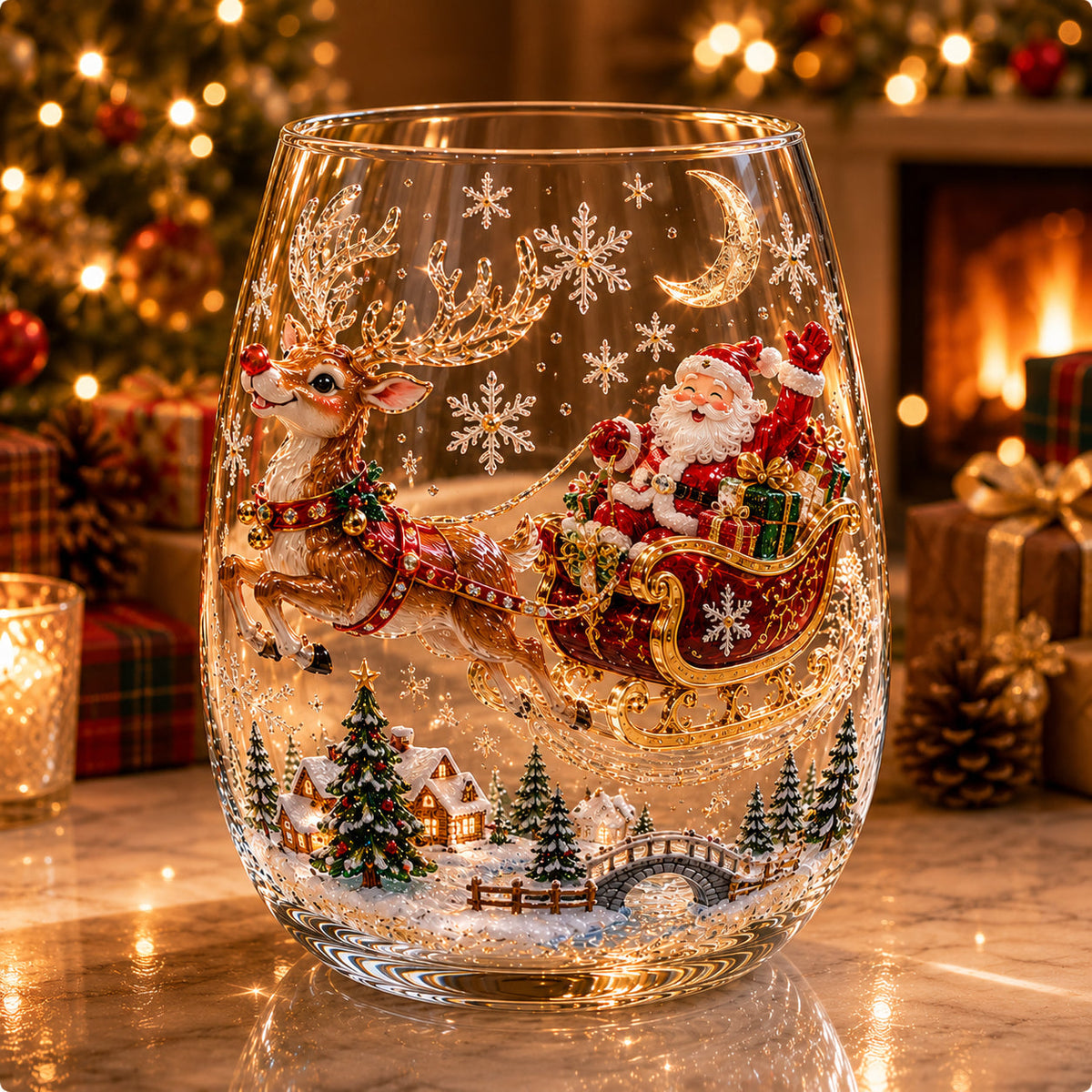 Christmas Glass Cup Stemless 4.7 inch Set of 3