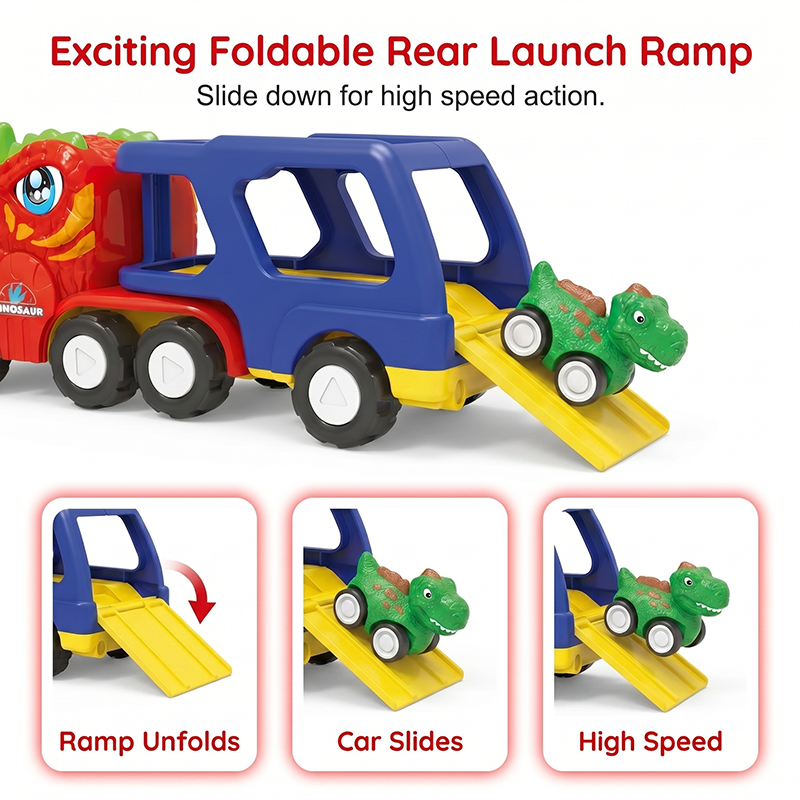 Dinosaur Transport Truck Toy with 6 Pull Back Cars Set of 3
