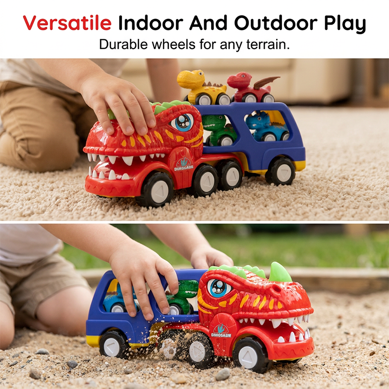 Dinosaur Transport Truck Toy with 6 Pull Back Cars Set of 3