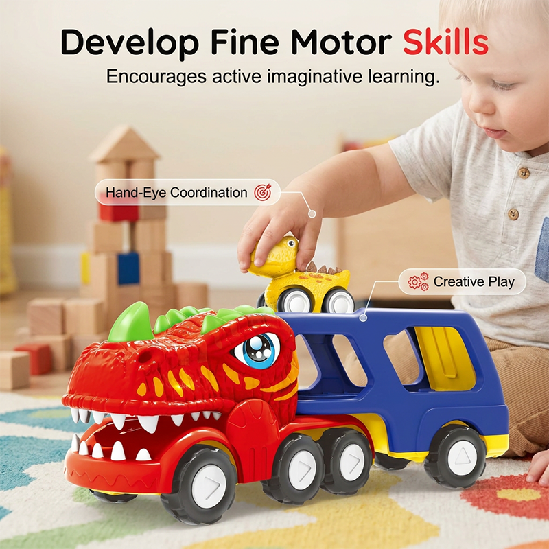 Dinosaur Transport Truck Toy with 6 Pull Back Cars Set of 3