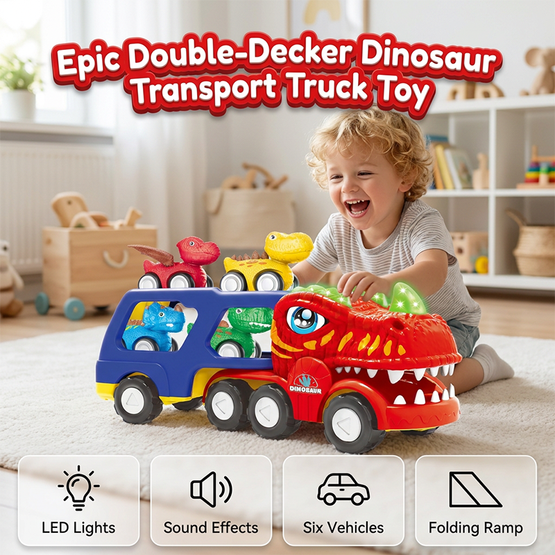 Dinosaur Transport Truck Toy with 6 Pull Back Cars Set of 3