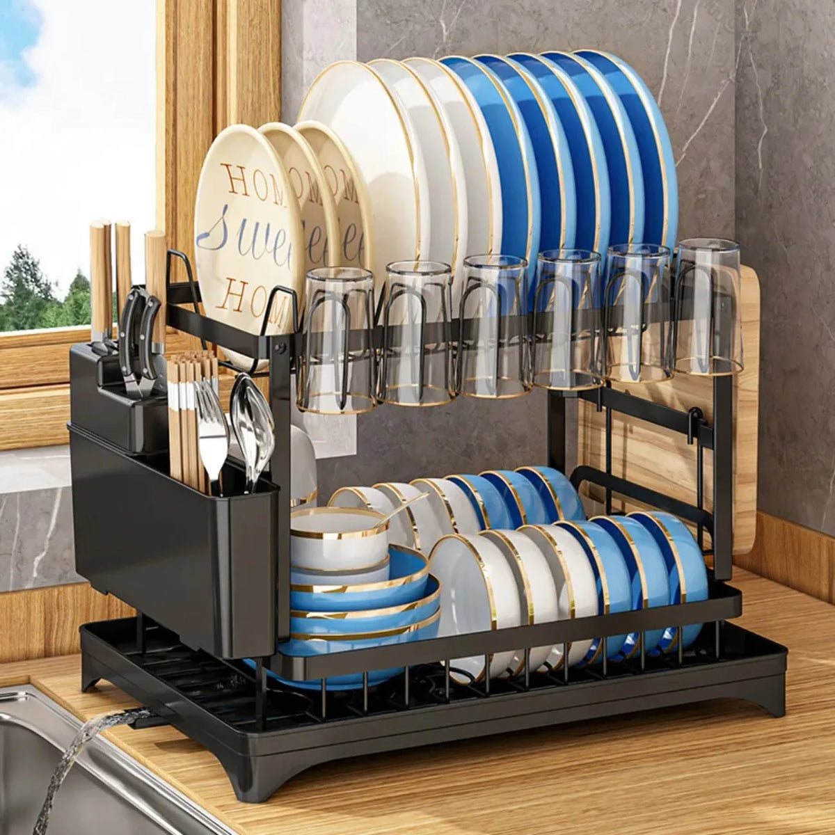Dish Drying Rack 2 Tier with Utensil Holder and Drip Tray