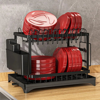 Dish Drying Rack 2 Tier with Utensil Holder and Drip Tray