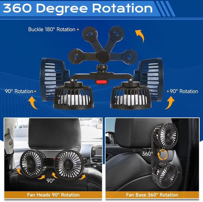 Dual Head Car Backseat Fan USB Powered 3 Speed Set of 2
