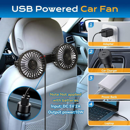 Dual Head Car Backseat Fan USB Powered 3 Speed Set of 2