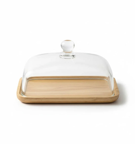 Glass Dome Butter Dish with Bamboo Base 6.7 x 4.3 Inches