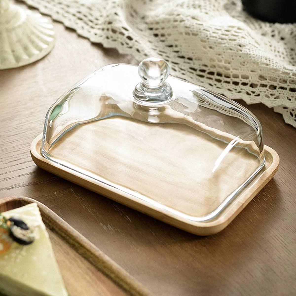 Glass Dome Butter Dish with Bamboo Base 6.7 x 4.3 Inches