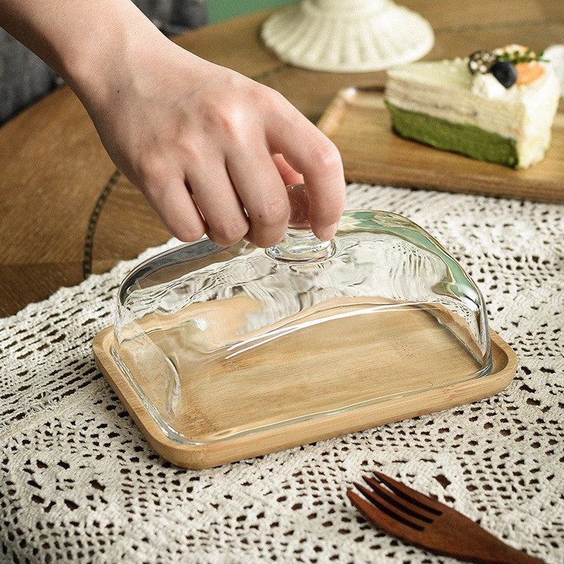 Glass Dome Butter Dish with Bamboo Base 6.7 x 4.3 Inches