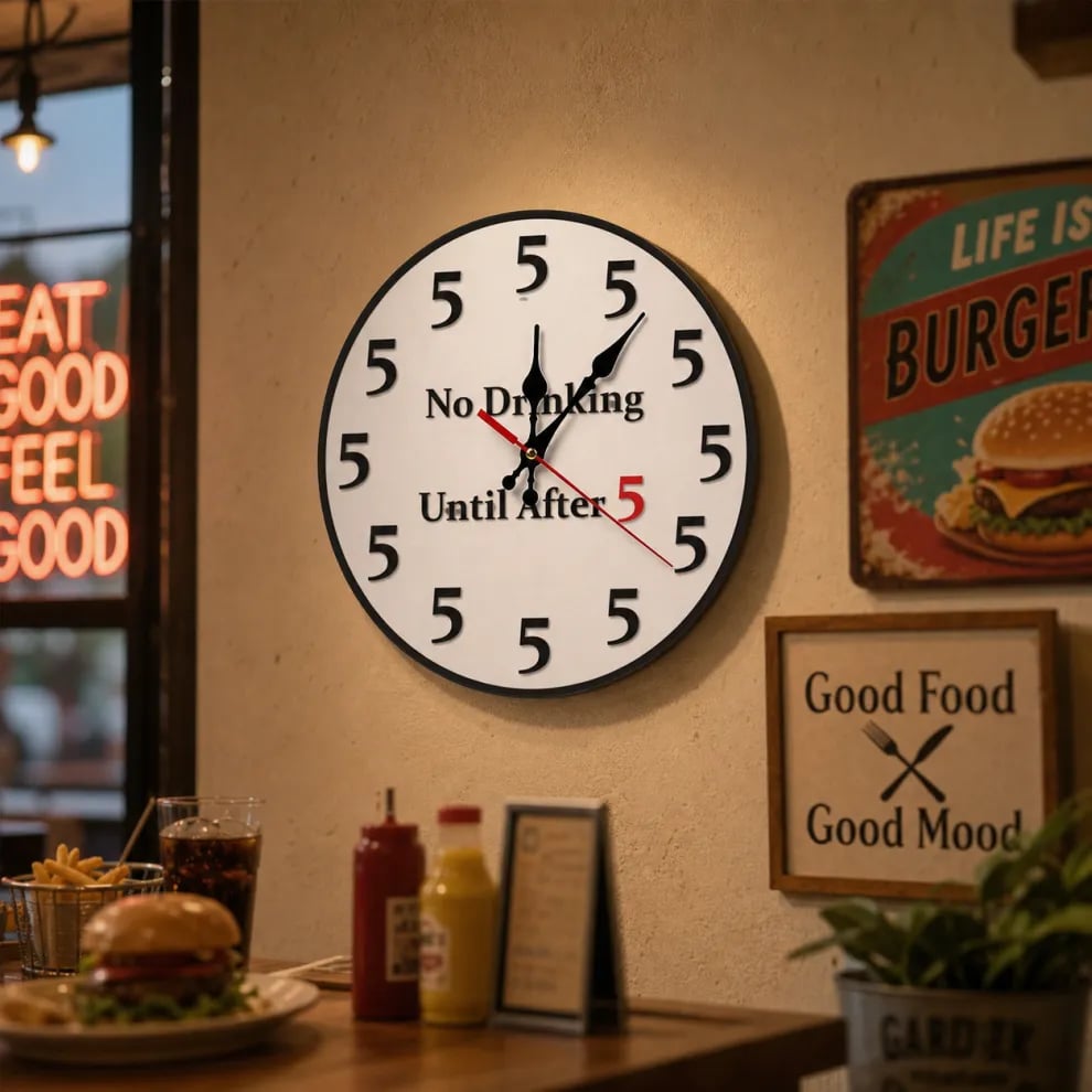 No Drinking Until After 5 Wall Clock Round 12 Inch Silent