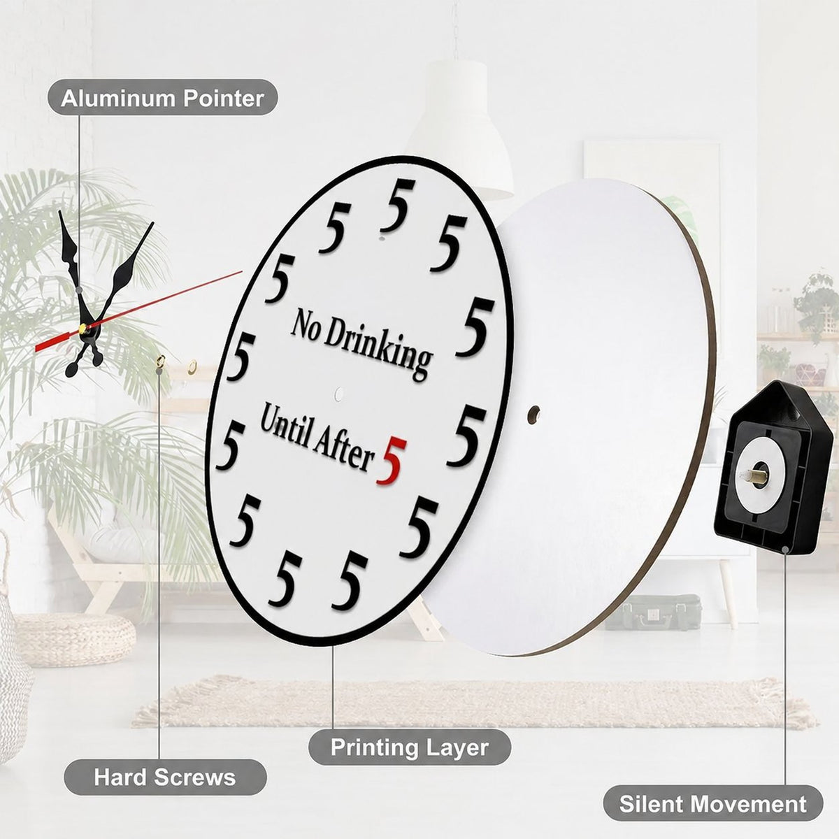 No Drinking Until After 5 Wall Clock Round 12 Inch Silent