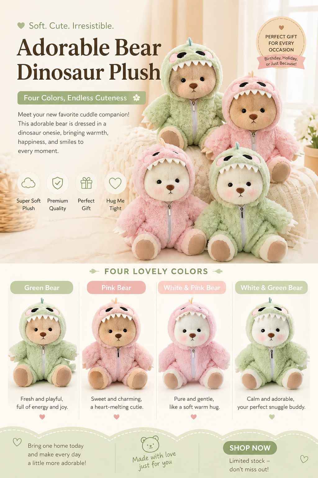 Plush Bear in Dinosaur Suit Stuffed Toy Set of 3