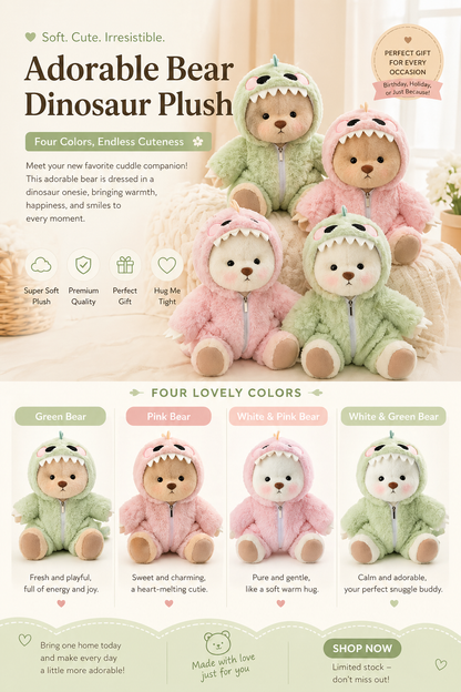 Plush Bear in Dinosaur Suit Stuffed Toy Set of 3