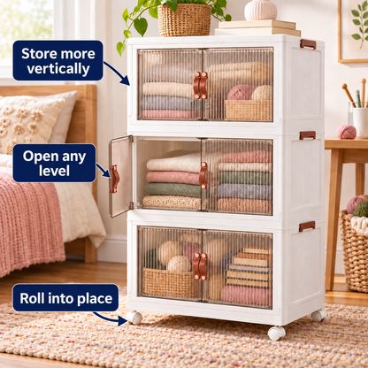 Stackable Storage Bins with Clear Doors and Wheels