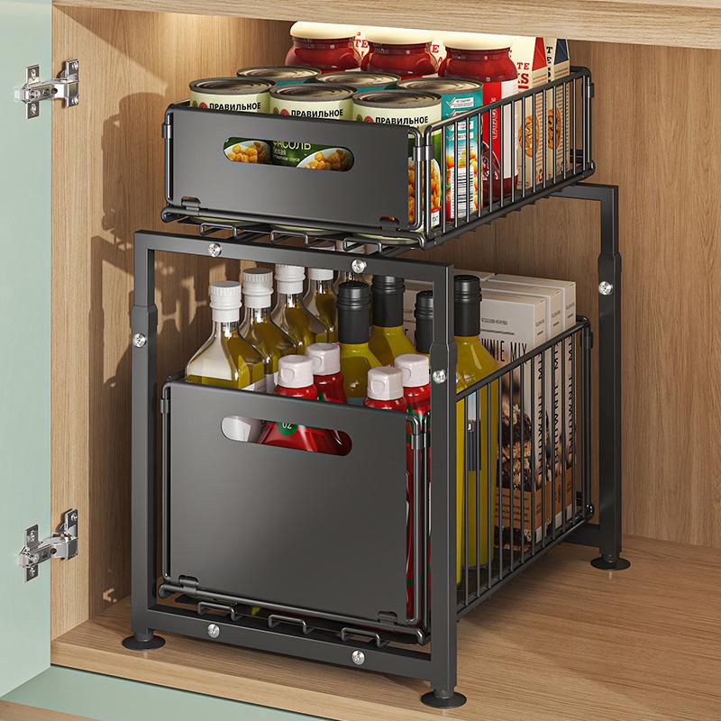 Two Tier Pull Out Cabinet Organizer Carbon Steel 11.4 x 14.8 inch