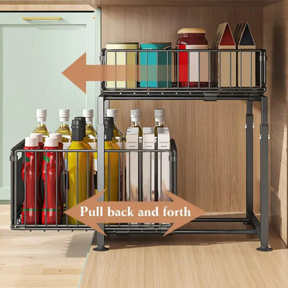 Two Tier Pull Out Cabinet Organizer Carbon Steel 11.4 x 14.8 inch