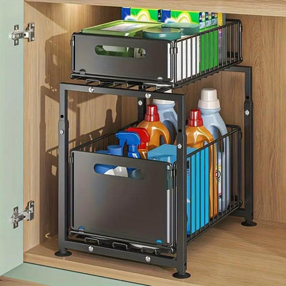 Two Tier Pull Out Cabinet Organizer Carbon Steel 11.4 x 14.8 inch