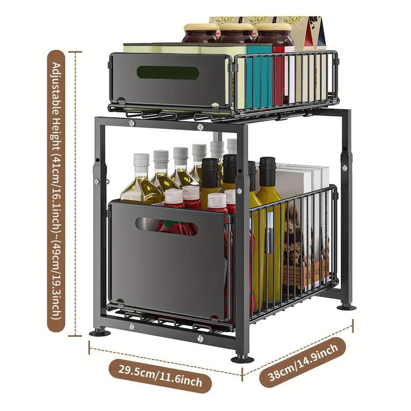 Two Tier Pull Out Cabinet Organizer Carbon Steel 11.4 x 14.8 inch