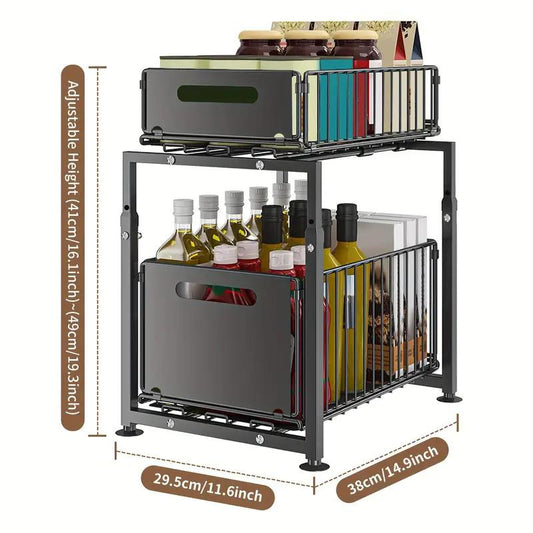 Two Tier Pull Out Cabinet Organizer Carbon Steel 11.4 x 14.8 inch