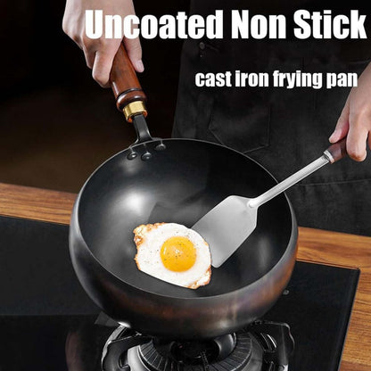 Uncoated Iron Wok Pot with Lid and Wooden Handle Set of 3