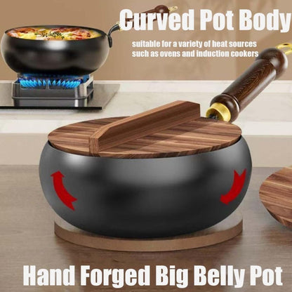 Uncoated Iron Wok Pot with Lid and Wooden Handle Set of 3