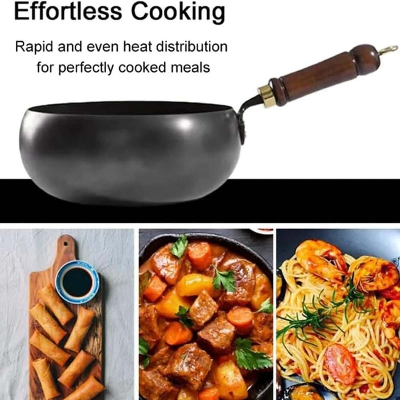 Uncoated Iron Wok Pot with Lid and Wooden Handle Set of 3