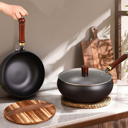 Uncoated Iron Wok Pot with Lid and Wooden Handle Set of 3