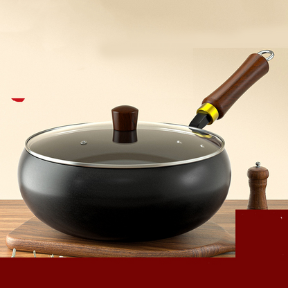 Uncoated Iron Wok Pot with Lid and Wooden Handle Set of 3