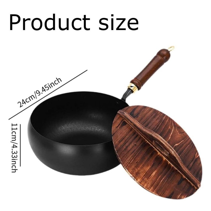 Uncoated Iron Wok Pot with Lid and Wooden Handle Set of 3