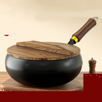 Uncoated Iron Wok Pot with Lid and Wooden Handle Set of 3