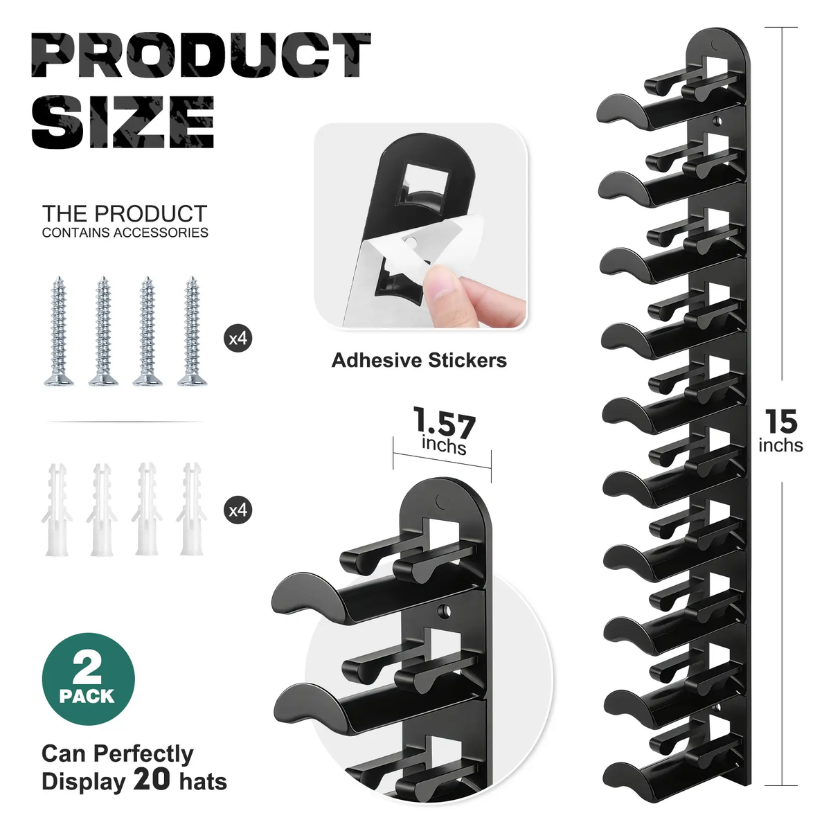Wall Mounted Hat Rack for 10 Caps 15 Inch