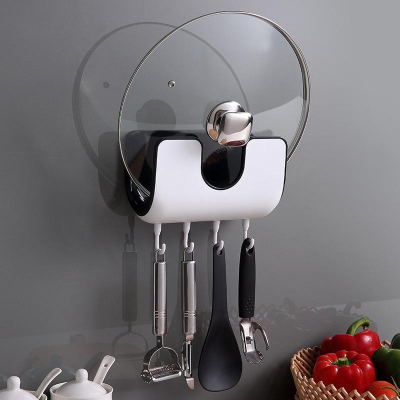 Wall Mounted Pot Lid Rack with 4 Hooks No Drill 6.4 x 8 Inch