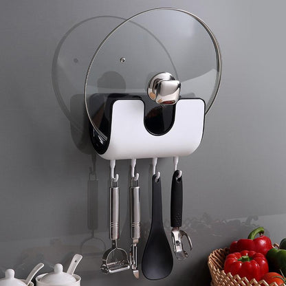 Wall Mounted Pot Lid Rack with 4 Hooks No Drill 6.4 x 8 Inch