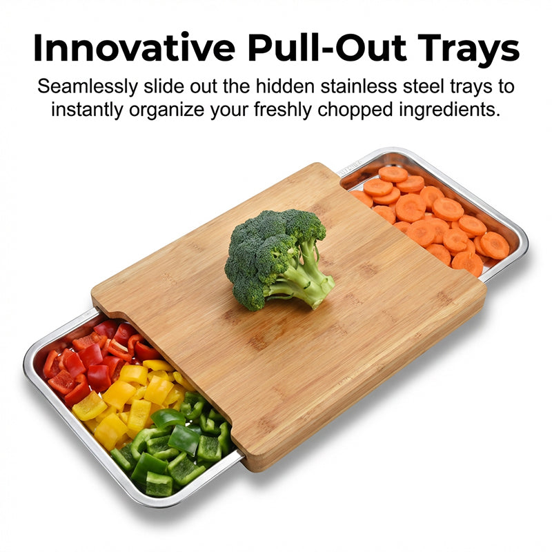 Wooden Cutting Board with Slide Out Stainless Steel Trays