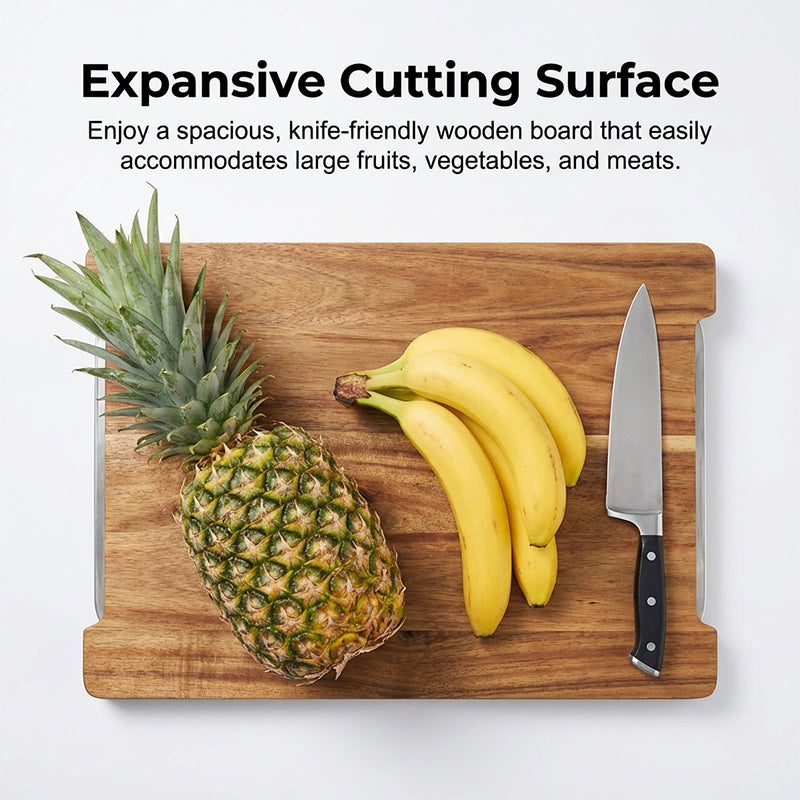 Wooden Cutting Board with Slide Out Stainless Steel Trays