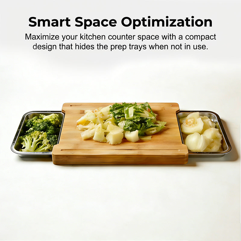 Wooden Cutting Board with Slide Out Stainless Steel Trays