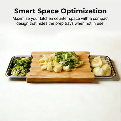 Wooden Cutting Board with Slide Out Stainless Steel Trays