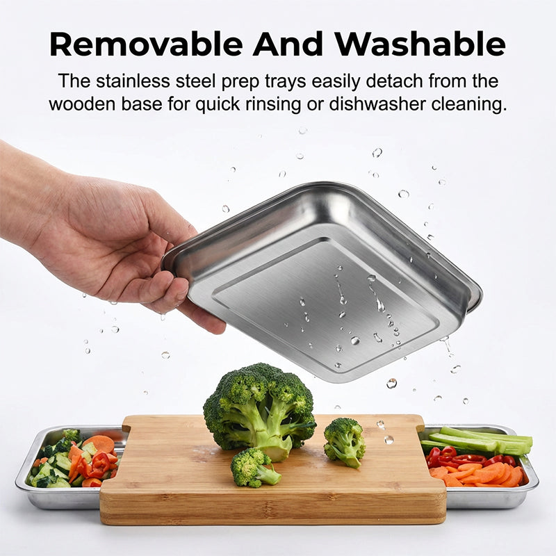 Wooden Cutting Board with Slide Out Stainless Steel Trays