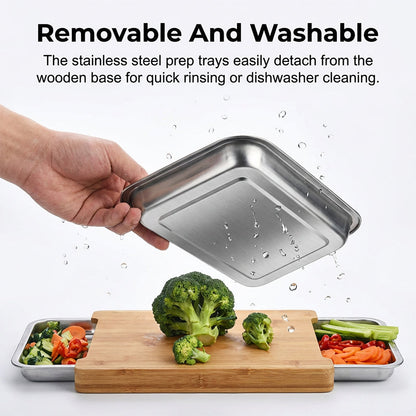 Wooden Cutting Board with Slide Out Stainless Steel Trays