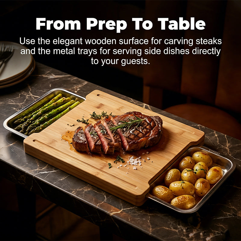 Wooden Cutting Board with Slide Out Stainless Steel Trays