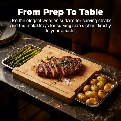Wooden Cutting Board with Slide Out Stainless Steel Trays