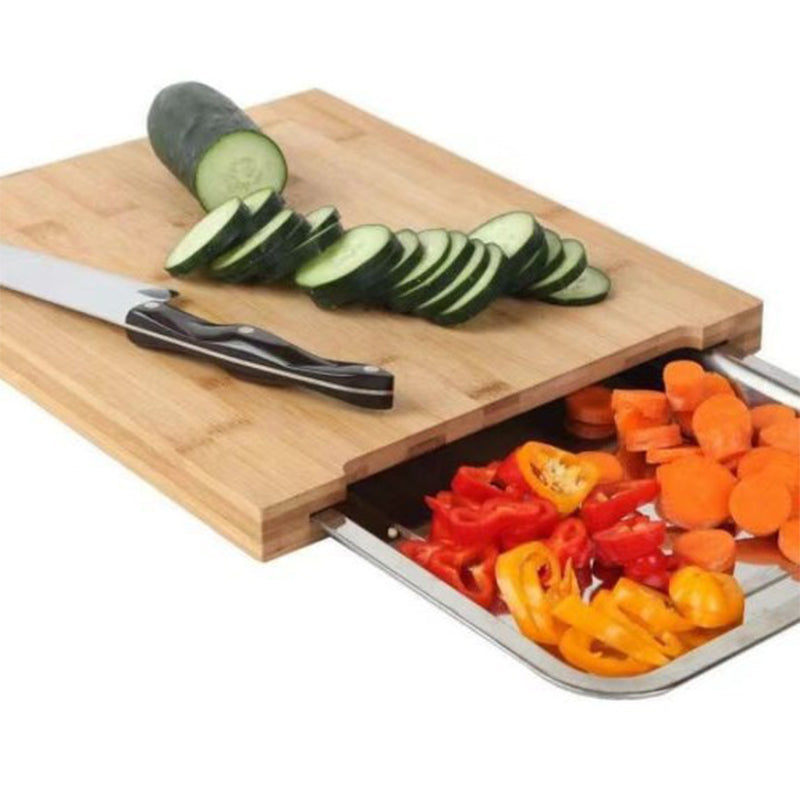 Wooden Cutting Board with Slide Out Stainless Steel Trays