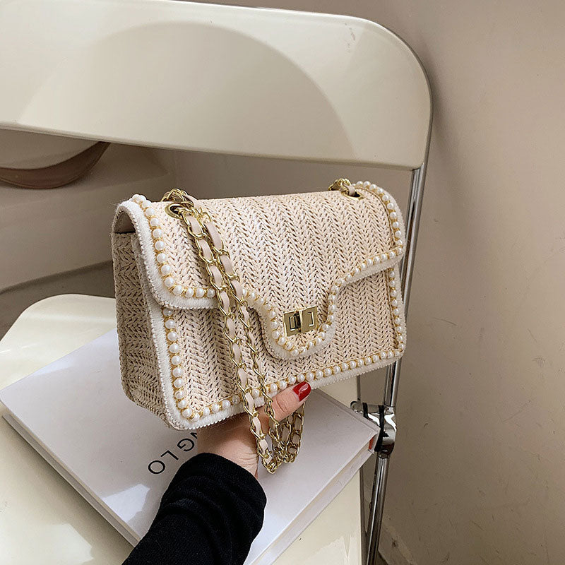 Woven Straw Shoulder Bag with Faux Pearls Set of 2