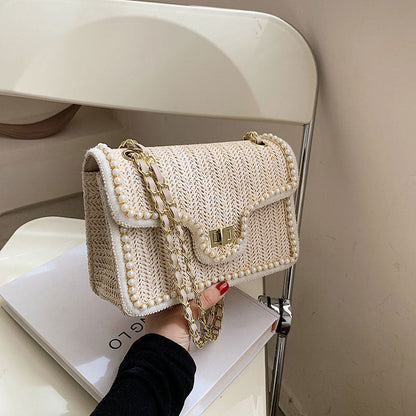 Woven Straw Shoulder Bag with Faux Pearls Set of 2