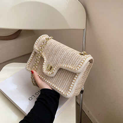 Woven Straw Shoulder Bag with Faux Pearls Set of 2