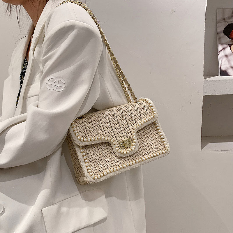 Woven Straw Shoulder Bag with Faux Pearls Set of 2