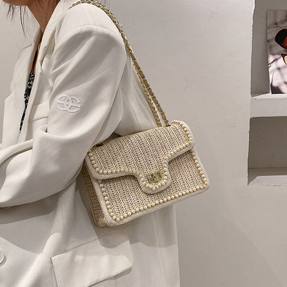 Woven Straw Shoulder Bag with Faux Pearls Set of 2